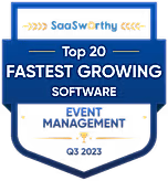 Badge from SaaSworthy for Top 20 Fastest Growing Event Management Software in Q3 2023.