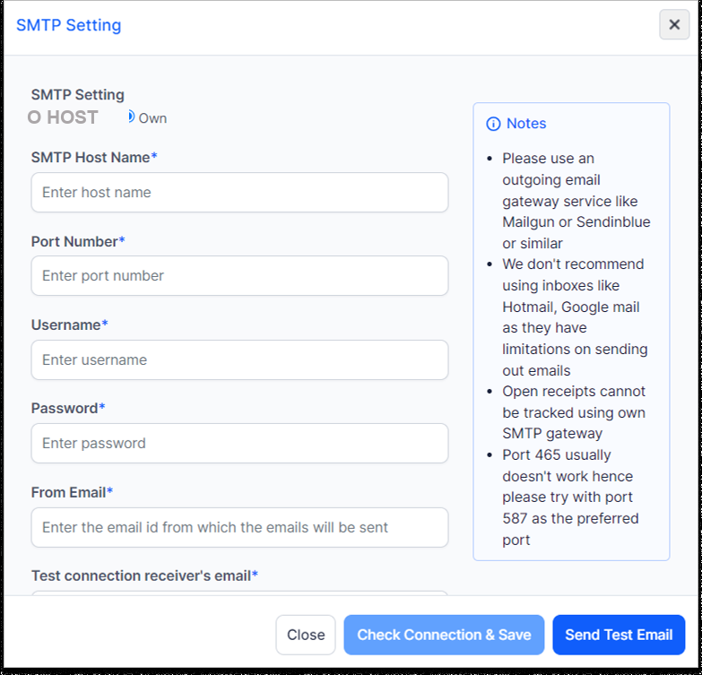 Own SMTP configuration form in HOST with Host, Port, Username, Password, From Email and Test Connection Receiver fields